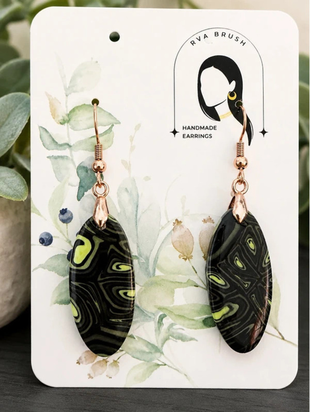 Handmade Black and Lime Green Polymer Clay Oval Dangle Earrings Rose Gold Hooks